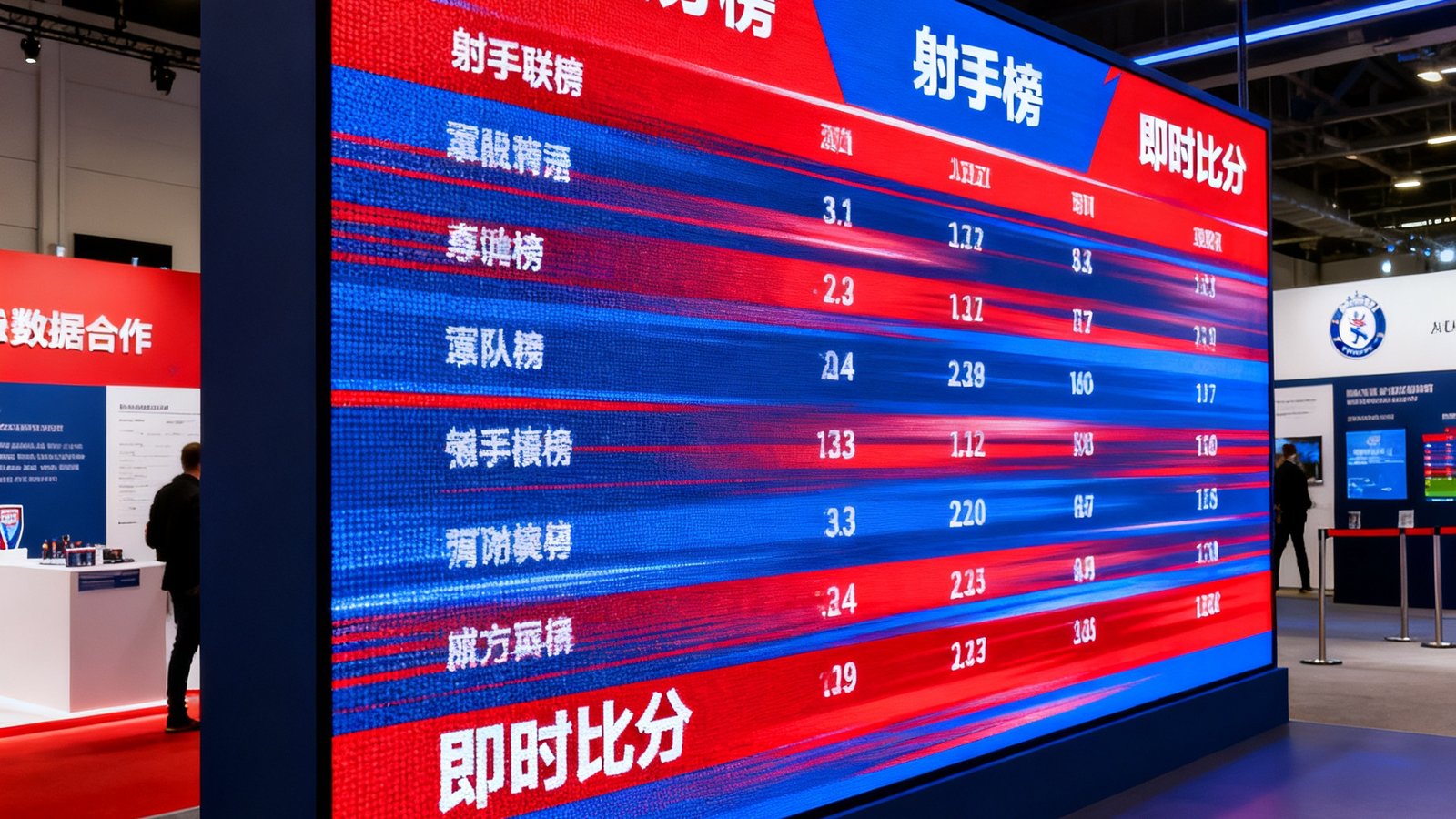 英超联赛官方数据合作案例展示，大型LED屏幕上实时滚动各队积分榜、射手榜和即时比分数据