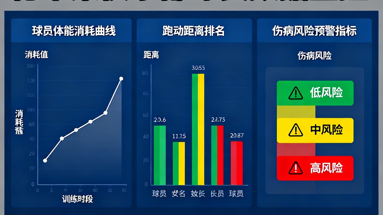 德甲某俱乐部教练组使用的定制数据看板，展示球员体能消耗曲线、跑动距离排名和伤病风险预警指标