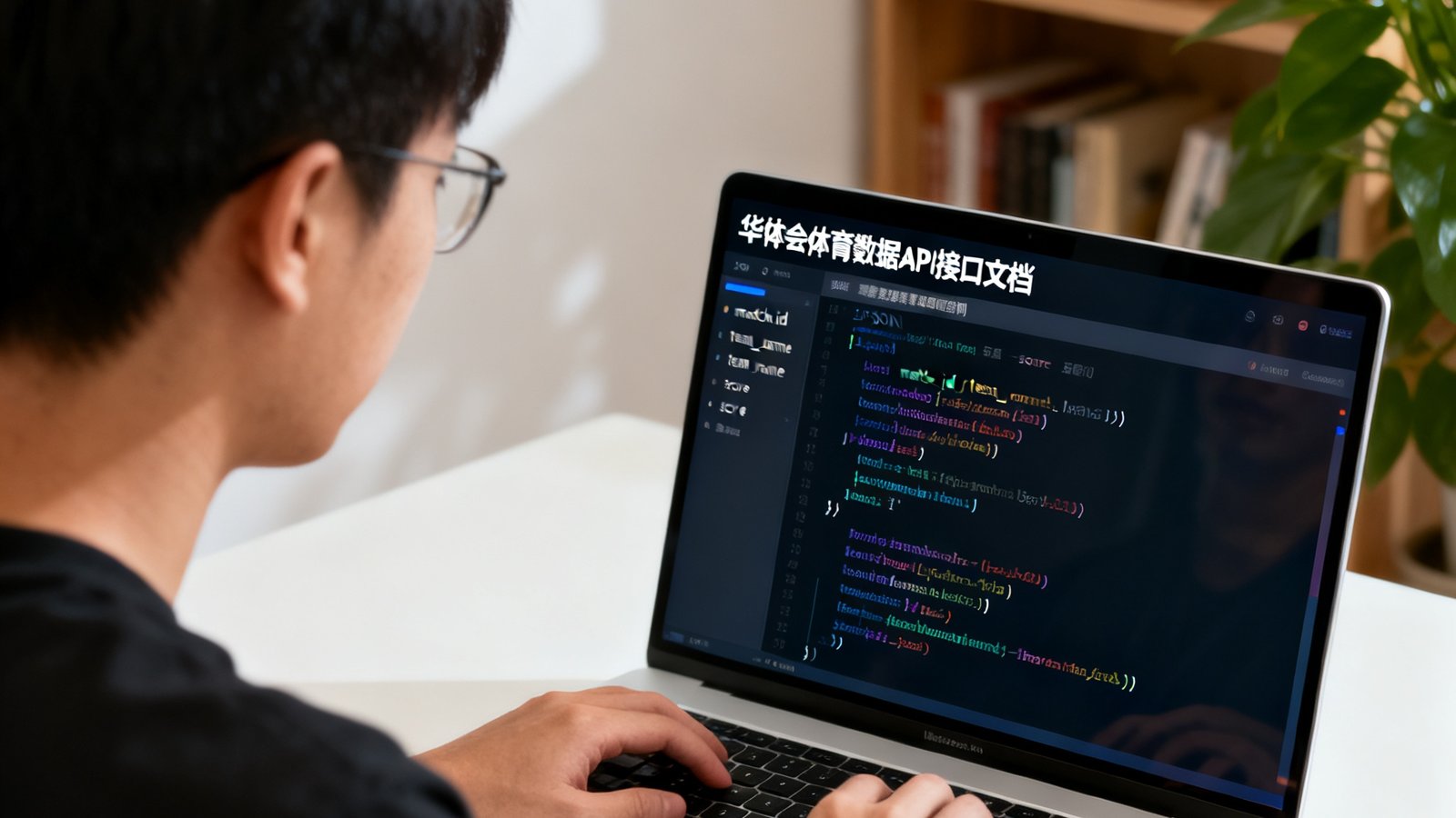程序员正在使用笔记本电脑查看华体会体育数据API接口文档，屏幕上显示JSON格式的赛事数据响应示例