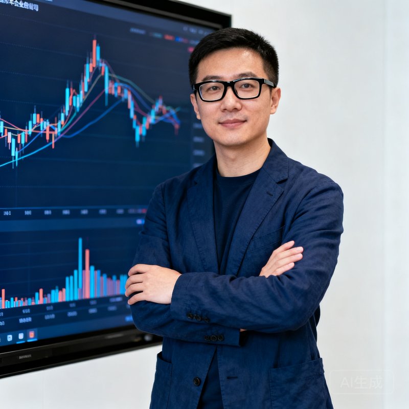 华体会创始人兼CEO陈昊然，戴着黑框眼镜，穿着深蓝色休闲西装，双臂交叉站立在公司数据大屏前