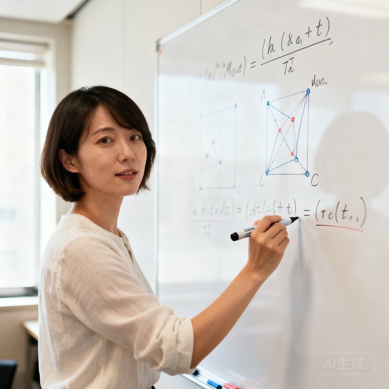 华体会首席算法科学家林雅文，女性，短发，正在白板前用马克笔推导机器学习模型公式